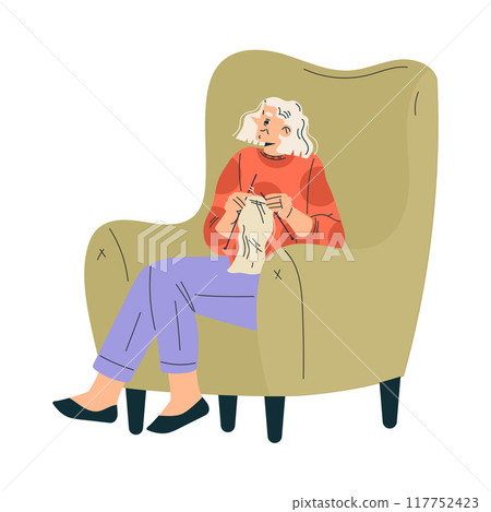 Senior Woman Character Sitting in Armchair and Knitting Vector Illustration 117752423