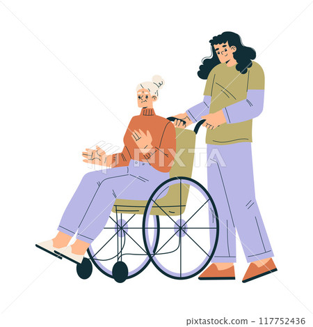 Nursing Home with Retired Woman Character on Wheelchair with Assistant Vector Illustration 117752436