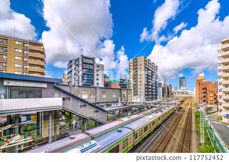 Yokohama cityscape, Japan, August. SOTETSU, overlooking Hiranumabashi Station and trains 117752452