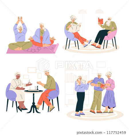 Nursing Home with Retired Man and Woman Character Doing Different Activity Vector Set 117752459