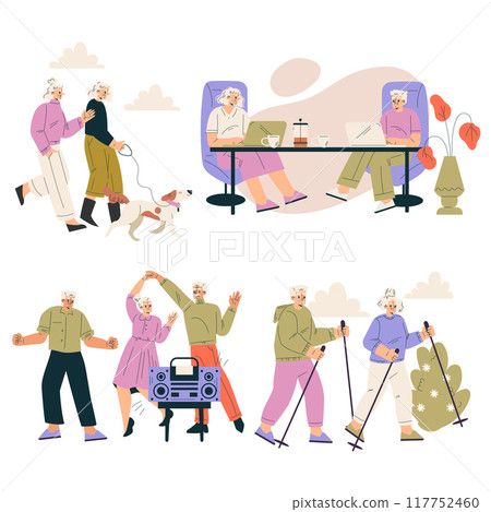 Nursing Home with Retired Man and Woman Character Doing Different Activity Vector Set Nursing Home with Retired Man and Woman Character Doing Different Activity Vector Set 117752460
