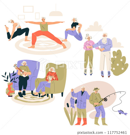 Nursing Home with Retired Man and Woman Character Doing Different Activity Vector Set 117752461