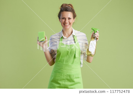 happy woman in green apron and rubber gloves isolated on green happy woman in green apron and rubber gloves isolated on green 117752478