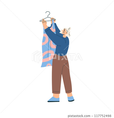 Woman Character Choose Dress on Hanger Vector Illustration Woman Character Choose Dress on Hanger Vector Illustration 117752498