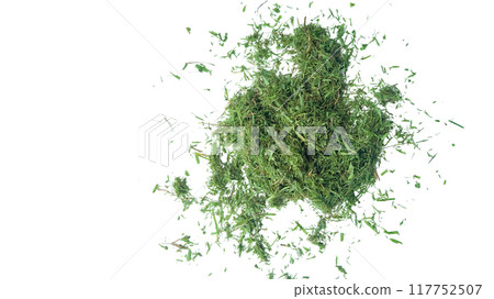 Cut out grass clippings from a lawnmower with clipping paths, set against a white background. Cut out grass clippings from a lawnmower with clipping paths, set against a white background. 117752507