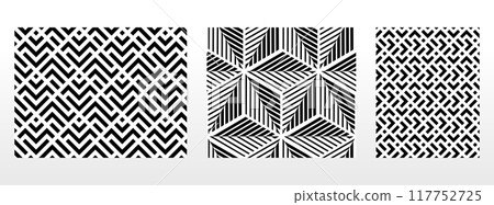 Geometric set of seamless black and white patterns. Simple vector graphics. 117752725