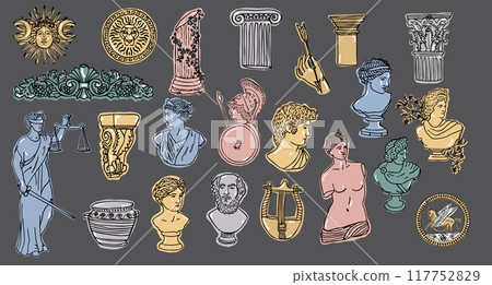 Colorful Trendy Doodle Illustration of Ancient Greek Sculptures and Columns Colorful Trendy Doodle Illustration of Ancient Greek Sculptures and Columns 117752829