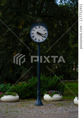 Street clocks in a forest park in Minsk. Evening in the park 117752952