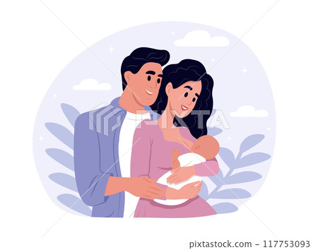 Mom, dad and baby. Happy mother, father and adopted child. Family and parenthood concept. Flat vector illustration isolated on white background Mom, dad and baby. Happy mother, father and adopted child. Family and parenthood concept. Flat vector illustration isolated on white background 117753093
