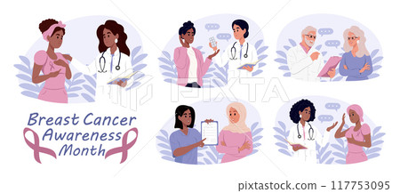 Breast Cancer Awareness Month. Male and female doctors talking to cancer patients. Doctors and patients of different races and ages. 117753095