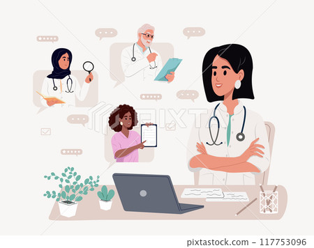 Medical video conference. A team of doctors having a virtual meeting, chatting online, discussing medicine, research and patient care. Discussion of medical treatment results. Medical video conference. A team of doctors having a virtual meeting, chatting online, discussing medicine, research and patient care. Discussion of medical treatment results. 117753096