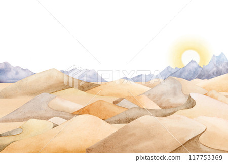 Desert landscape with mountains and rising sun watercolor illustration isolated on white. Sand dunes on dawn horizontal panorama in simple style. Monochrome nature drawing for travel tourist designs 117753369