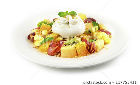 Burrata cheese with Mixed fruit Salad 117753431