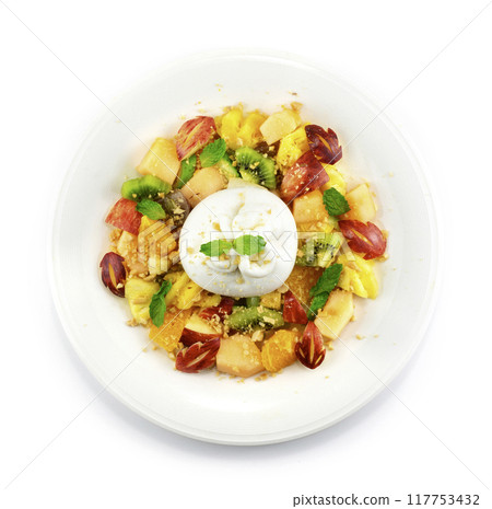 Burrata cheese with Mixed fruit Salad 117753432
