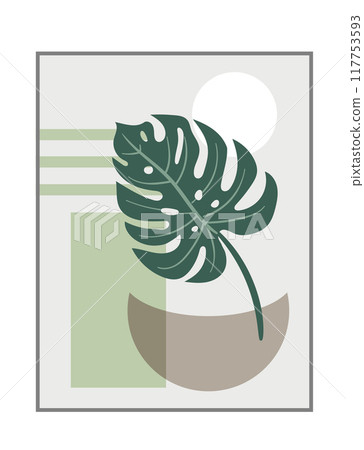 Abstract monstera leaves plant poster. Modern tropical leaf with minimal elements background. 117753593