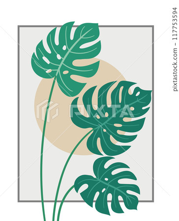 Abstract monstera leaves plant poster. Modern tropical leaf with minimal elements background. Abstract monstera leaves plant poster. Modern tropical leaf with minimal elements background. 117753594