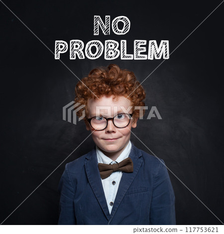 Young happy child boy portrait on black background Young happy child boy portrait on black background 117753621