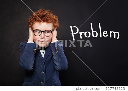 Child student boy with Problem inscription Child student boy with Problem inscription 117753623
