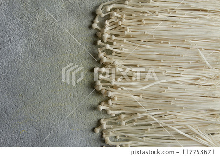 enoki mushrooms, raw, top view, close-up, 117753671
