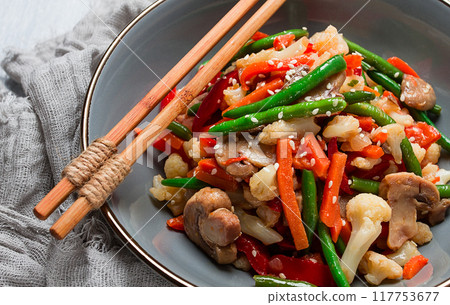 Wok, Asian-style vegetables, street food, mixed vegetables, no people, top view, Wok, Asian-style vegetables, street food, mixed vegetables, no people, top view, 117753677