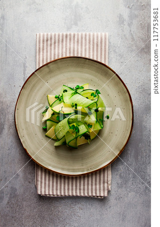 Spring, green salad, cucumber with apple, top view, close-up, no people, microselen radish, healthy eating, spring salad, georgian salad, gazaphuli, 117753681