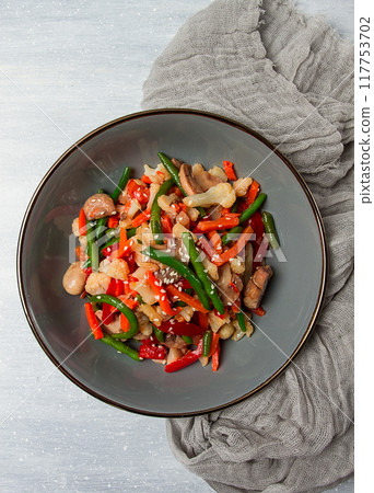 Wok, Asian-style vegetables, street food, mixed vegetables, no people, top view, 117753702