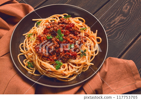 Spaghetti Bolognese, top view, close-up, no people, homemade, Spaghetti Bolognese, top view, close-up, no people, homemade, 117753705