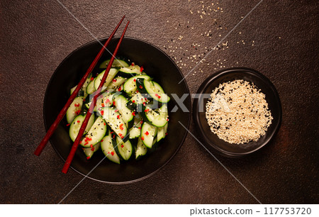 Chinese salad, cucumbers with chili pepper and sesame seeds, homemade, no people, Chinese salad, cucumbers with chili pepper and sesame seeds, homemade, no people, 117753720