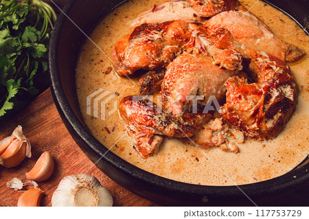 Shkmeruli, fried chicken, in milk-garlic sauce, Georgian cuisine, homemade, close-up, no people, Shkmeruli, fried chicken, in milk-garlic sauce, Georgian cuisine, homemade, close-up, no people, 117753729