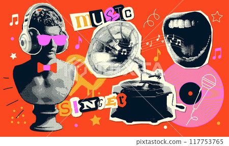 Pop art halftone collage with antique statue in headphones, retro gramophone and vintage singer paper elements. Club party poster, magazine. 80s, 90s Psychedelic, surreal art. Vector stickers set Pop art halftone collage with antique statue in headphones, retro gramophone and vintage singer paper elements. Club party poster, magazine. 80s, 90s Psychedelic, surreal art. Vector stickers set 117753765