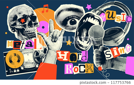 Hard rock set of halftone collage elements on - Stock