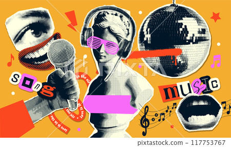 Set of Collage trendy halftone elements, 90s music, retro nostalgia. trendy Y2K elements with antique statue singing in mike. Paper torn out stickers. Vector illustration. 117753767
