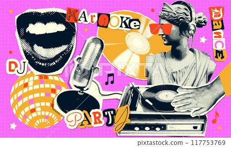 Grungy music halftone collage set with record player, vintage microphone, singing mouth, anti-establishment antique statue. Retro paper collage cut-out elements. Vector illustration. 117753769