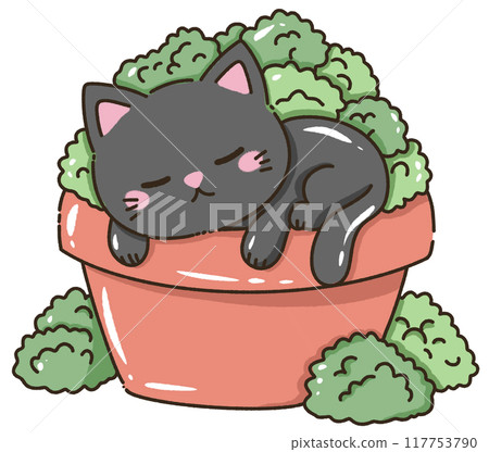 Hand drawn kawaii illustration for kids greeting cards invitation cute element of a cute black cat sleeping on a potted plants 117753790