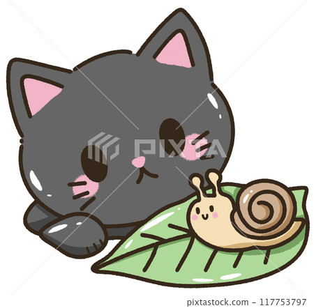 Hand drawn kawaii illustration for kids greeting cards invitation cute element of a cute black cat looking at a snail 117753797