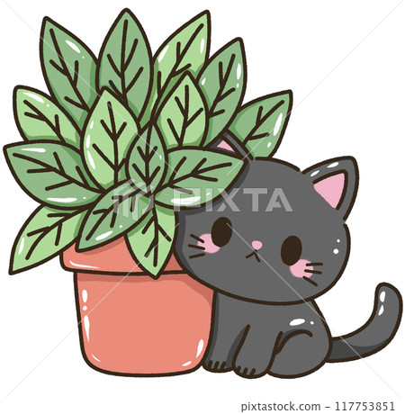 Hand drawn kawaii illustration for kids greeting cards invitation cute element of a cute black cat leaning against a houseplant 117753851