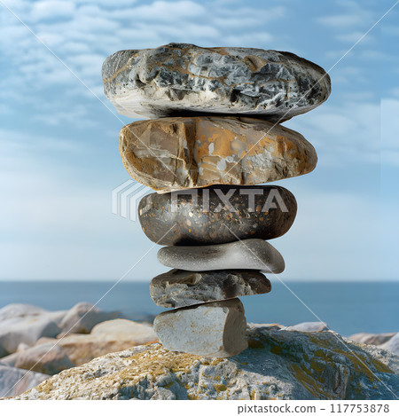 A stack of carefully balanced stones resting on uneven cobblestones by the water under a clear sky 117753878