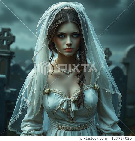 Mysterious bride in white dress at eerie graveyard. AI generation 117754029