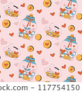 Donation seamless pattern. Charity repeat background. Piggy bank and tips jar endless surface pattern design. Vector illustration. 117754150