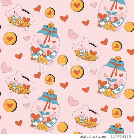 Donation seamless pattern. Charity repeat background. Piggy bank and tips jar endless surface pattern design. Vector illustration. 117754150
