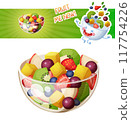 Fruit salad cartoon vector illustration. Summer salad with kiwi, mango, strawberry, blueberry, red apple, grape ingredients food icon isolated on white background. Funny fruit bowl character 117754226