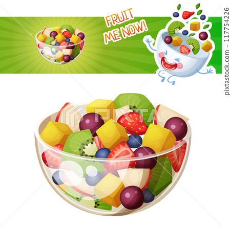 Fruit salad cartoon vector illustration. Summer salad with kiwi, mango, strawberry, blueberry, red apple, grape ingredients food icon isolated on white background. Funny fruit bowl character Fruit salad cartoon vector illustration. Summer salad with kiwi, mango, strawberry, blueberry, red apple, grape ingredients food icon isolated on white background. Funny fruit bowl character 117754226