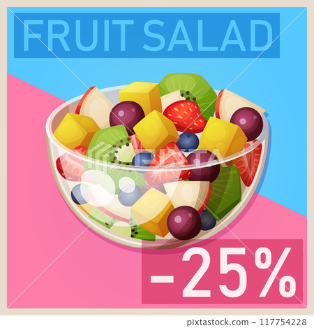 Cartoon illustration of fruit salad bowl. Vector sliced berries and fruits icon for breakfast Cartoon illustration of fruit salad bowl. Vector sliced berries and fruits icon for breakfast 117754228