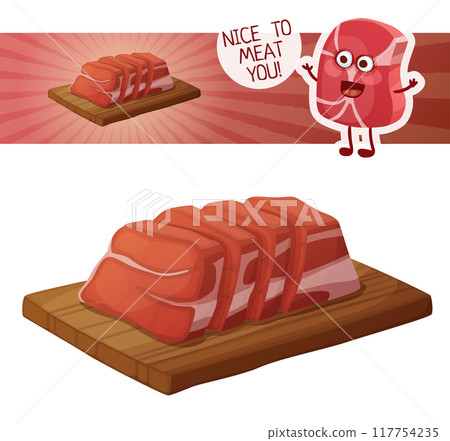 Sliced fresh red meat on a wooden board icon. Vector illustration isolated on white background. Cute cartoon character 117754235