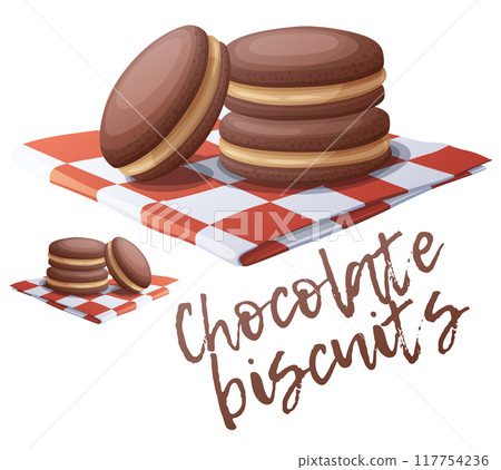 Chocolate peanut butter shortbread sandwiches illustration. Cartoon vector food icon isolated on white background 117754236