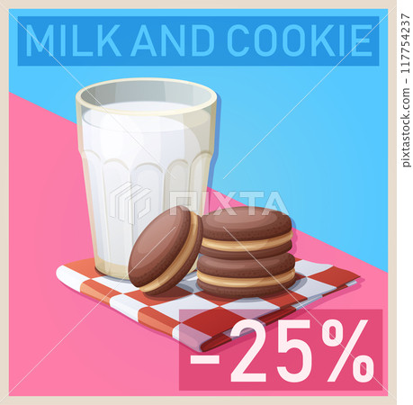 Cartoon illustration with glass of milk and chocolate cookie. Vector peanut butter shortbread sandwiches illustration for breakfast 117754237