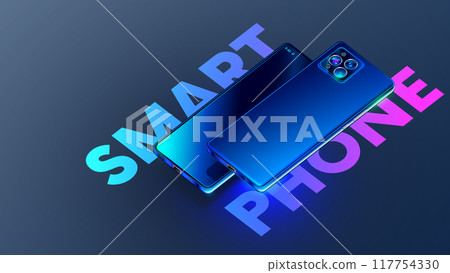 The smartphone is hanging over the table with the camera facing up. Smartphone rotated or turned by camera. Smartphone camera close-up view. Mobile cell. Shiny modern phone in neon lights background. 117754330