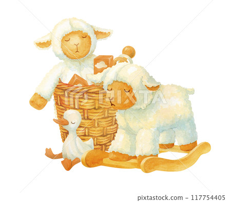 Watercolor composition of plush and wooden toys in wicker basket with rocking sheep and soft duckling or gosling beside. Isolated hand drawn illustration for baby shower invitation or fabric pattern 117754405