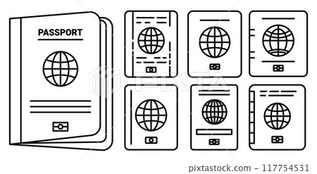 Set of Foreign Passport template line icons, on transparent background, line design vector illustration, trip and travel concept Set of Foreign Passport template line icons, on transparent background, line design vector illustration, trip and travel concept 117754531