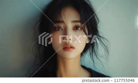 Korean woman with natural beauty gazes thoughtfully, illuminated by soft light in a serene indoor setting during early evening 117755046